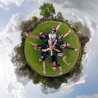 The bride and her friends on the small planet (360° Little Planet), beautiful and fancy photo souvenir of a great bachelorette party.