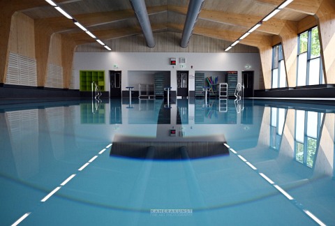 Foto von dem modernem, beheiztem 16-Meter-Lehrschwimmbecken mit einem höhenverstellbarem Boden
